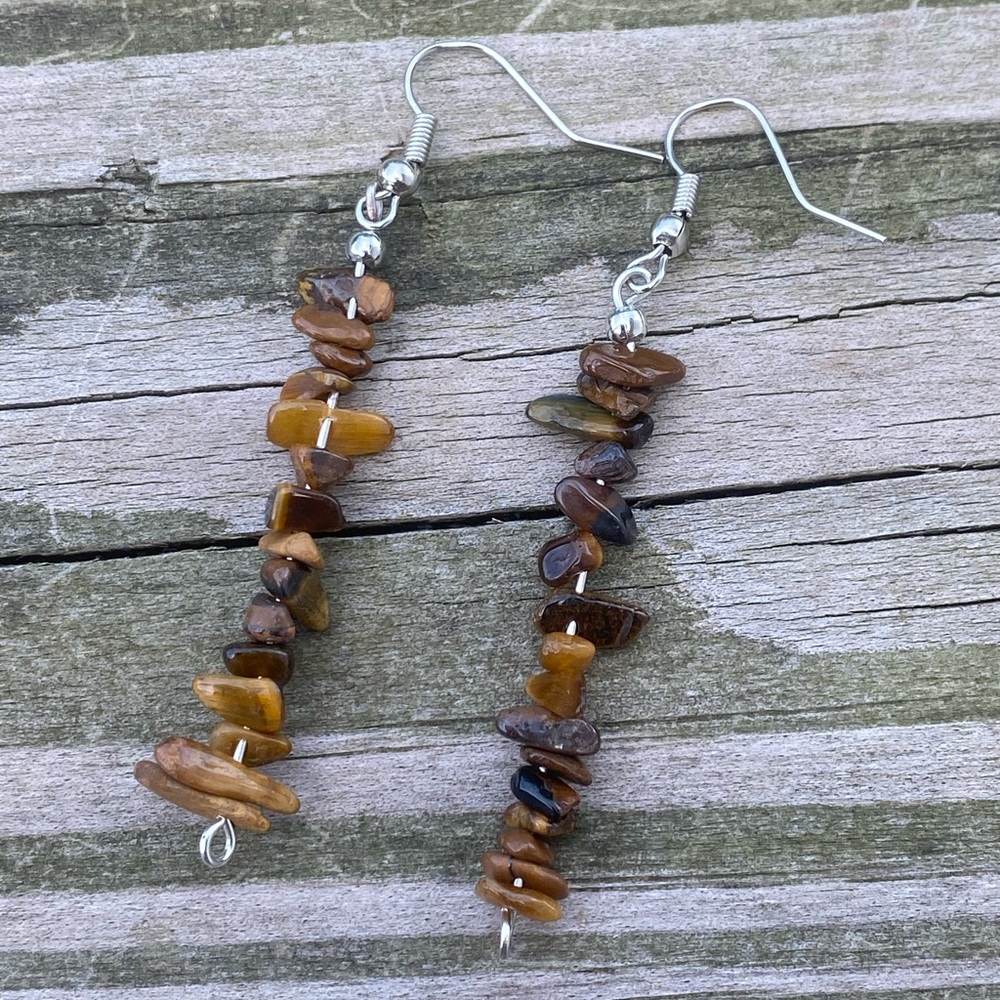 Genuine Tiger’s Eye gemstone earrings long linear drop earrings
